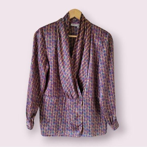 Vintage MARLIS Blouse Size 8 Geometric Pattern Dinner Jacket Blouson Silky Cowl - Picture 8 of 9